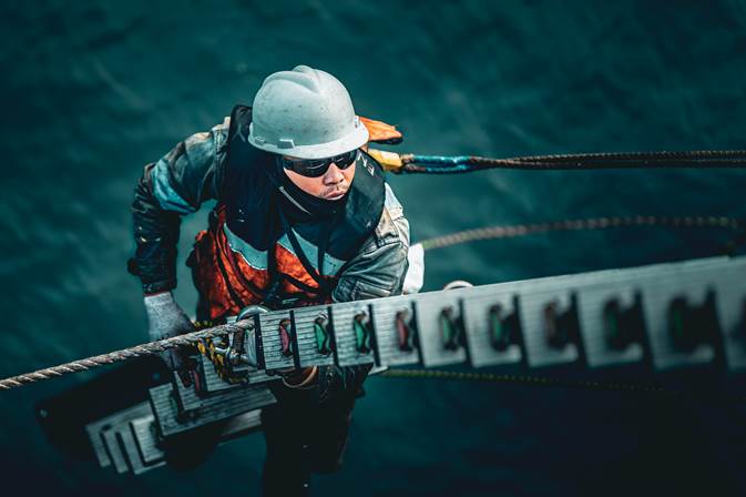 A person wearing a helmet and a hard hat climbing a ladder
AI-generated content may be incorrect.