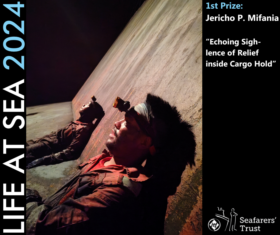 A graphic showing the 1st prize photo - two tired seafarers, sat leaning against the wall of a dimly lit cargo hold, wearing headlamps and looking away from the camera - with the title of the image "Echoing Sigh-lence of Relief inside Cargo Hold" and the text "1st prize Jericho P. Mifania"