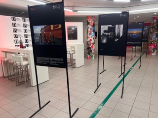 Life at Sea photographs and text exhibited in large metal stands