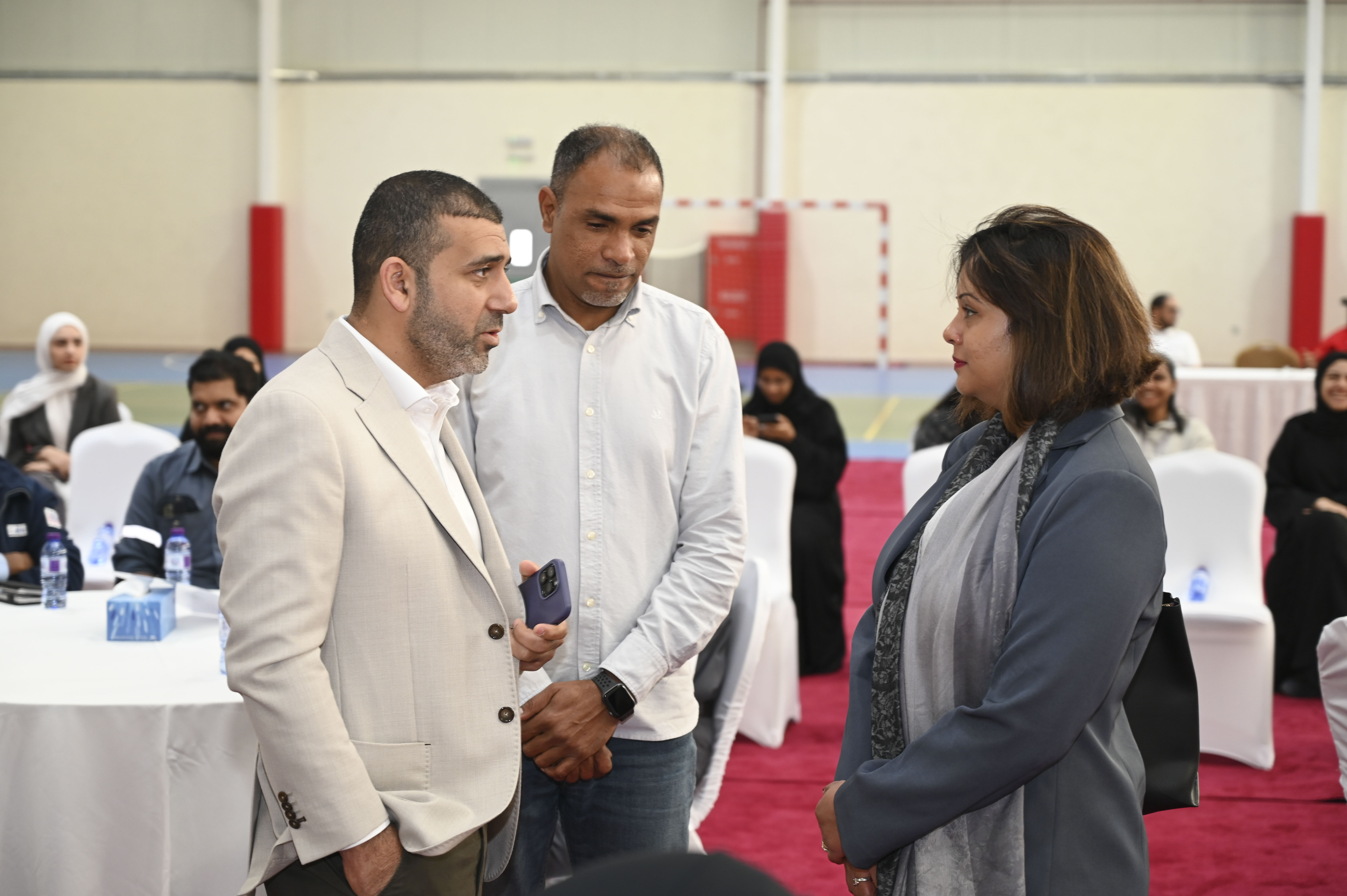 Abdulla Hasan Abdulla (ASRY Union), Mohamed Hasan Jasim Neama (Foulath Union) and  Ihma Shareef (Chief of Mission Bahrain Mission, IOM United Nations Migration)